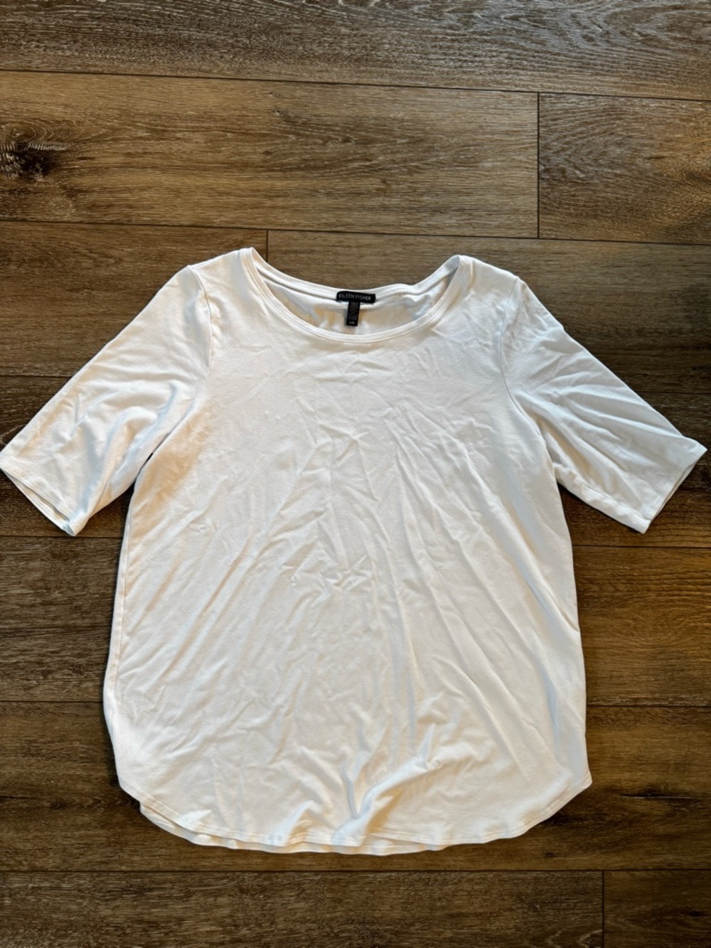 Eileen Fisher White Stretch Jersey Tee Elbow Sleeve Minimalist Top L